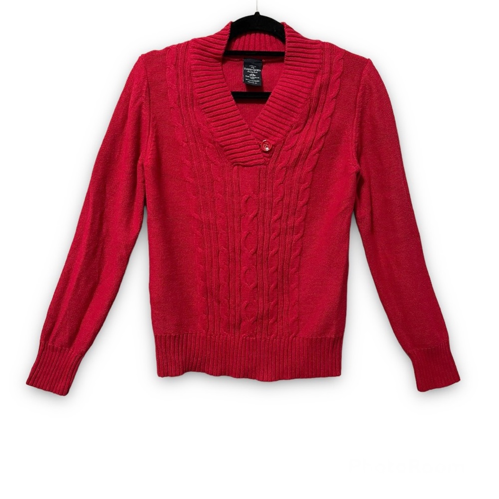 Faded Glory V Neck Sweater Red Cotton Cable Knit Ribbed L